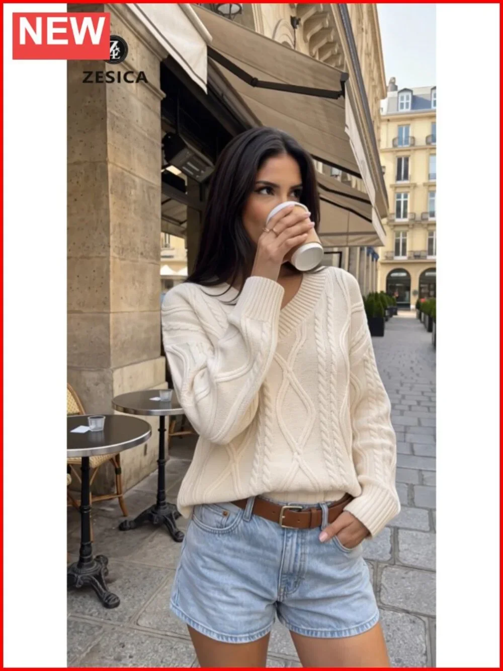 Cable Knit V-Neck Oversized Sweater Long Sleeve Pullover